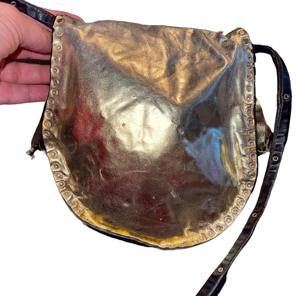 R Tash Of Miami Leather Crossbody Bag Metallic Gold And Black Tassels Metal Stud - Picture 4 of 9